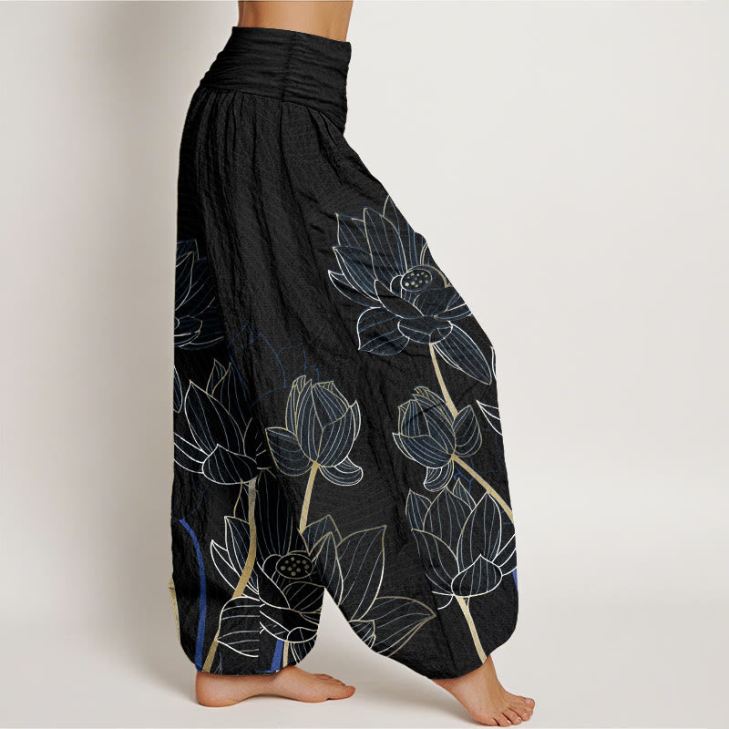 Pure Cotton Minimalist Style Lotus Flower Pod Pattern Women's Elastic Waist Harem Pants
