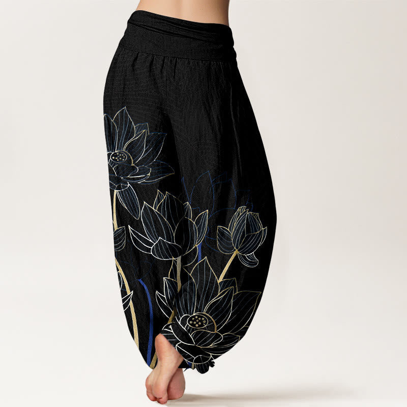 Pure Cotton Minimalist Style Lotus Flower Pod Pattern Women's Elastic Waist Harem Pants