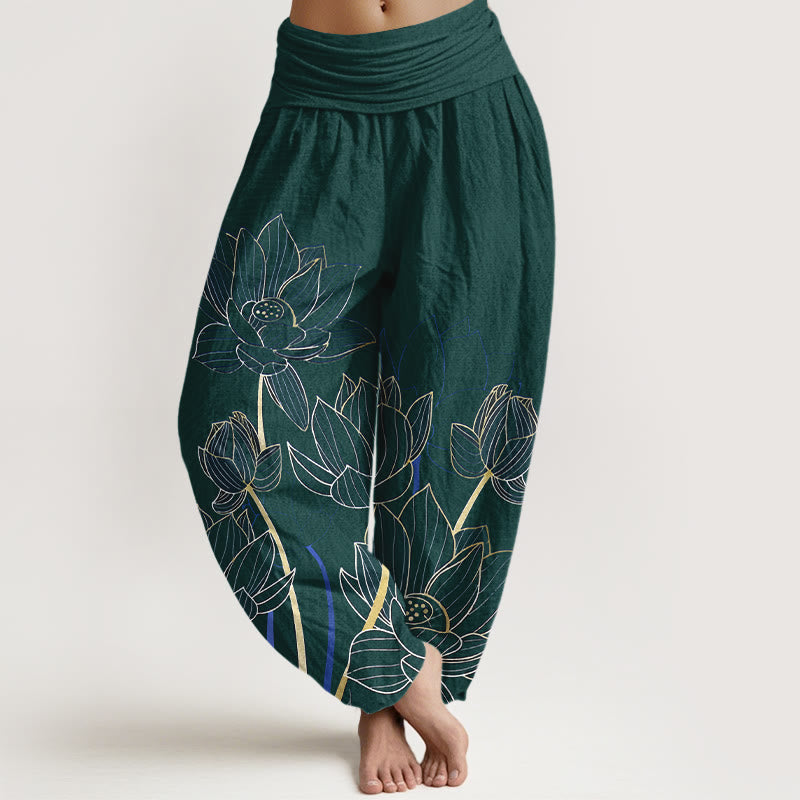 Pure Cotton Minimalist Style Lotus Flower Pod Pattern Women's Elastic Waist Harem Pants