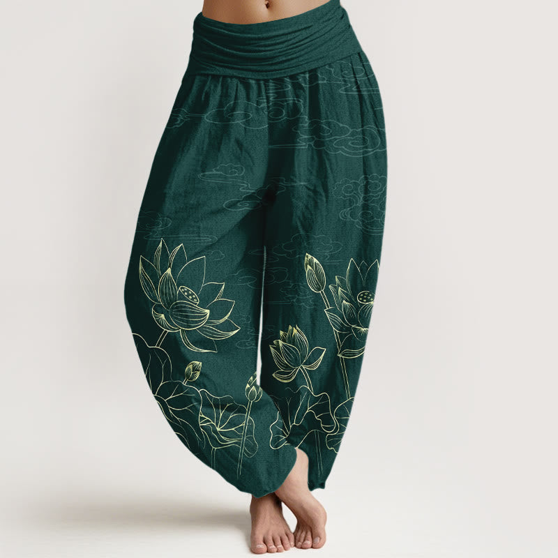 Pure Cotton Concise Lotus Flower Leaf Pod Bud Cloud Pattern Women's Elastic Waist Harem Pants