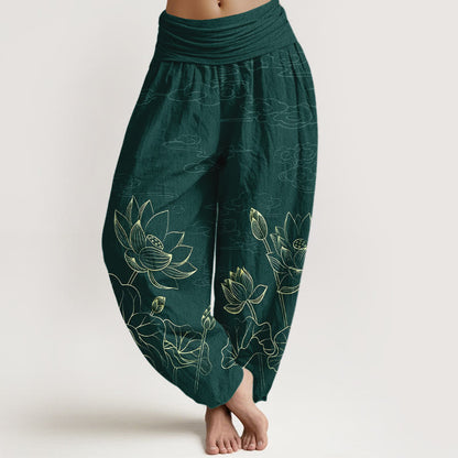 Pure Cotton Concise Lotus Flower Leaf Pod Bud Cloud Pattern Women's Elastic Waist Harem Pants