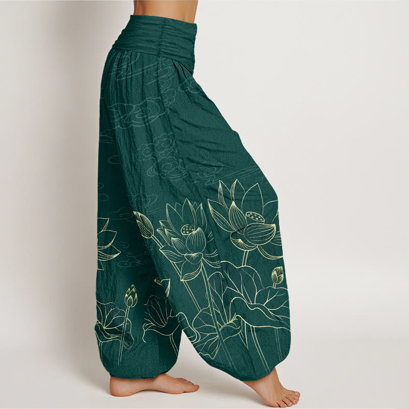 Pure Cotton Concise Lotus Flower Leaf Pod Bud Cloud Pattern Women's Elastic Waist Harem Pants