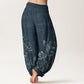 Pure Cotton Concise Lotus Flower Leaf Pod Bud Cloud Pattern Women's Elastic Waist Harem Pants