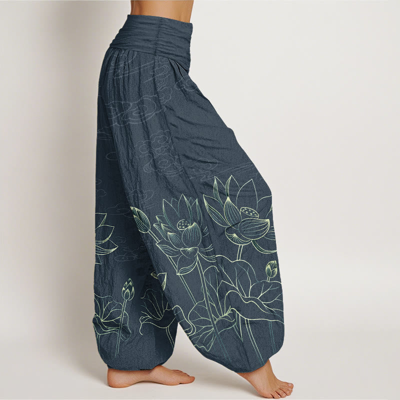 Pure Cotton Concise Lotus Flower Leaf Pod Bud Cloud Pattern Women's Elastic Waist Harem Pants