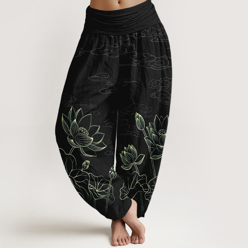 Pure Cotton Concise Lotus Flower Leaf Pod Bud Cloud Pattern Women's Elastic Waist Harem Pants