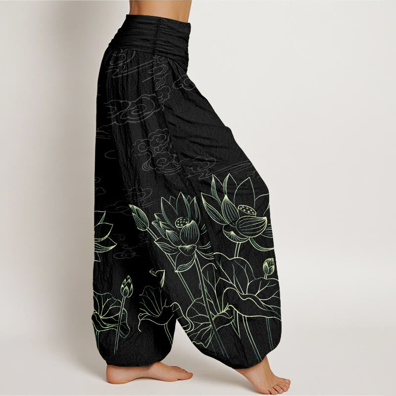Pure Cotton Concise Lotus Flower Leaf Pod Bud Cloud Pattern Women's Elastic Waist Harem Pants