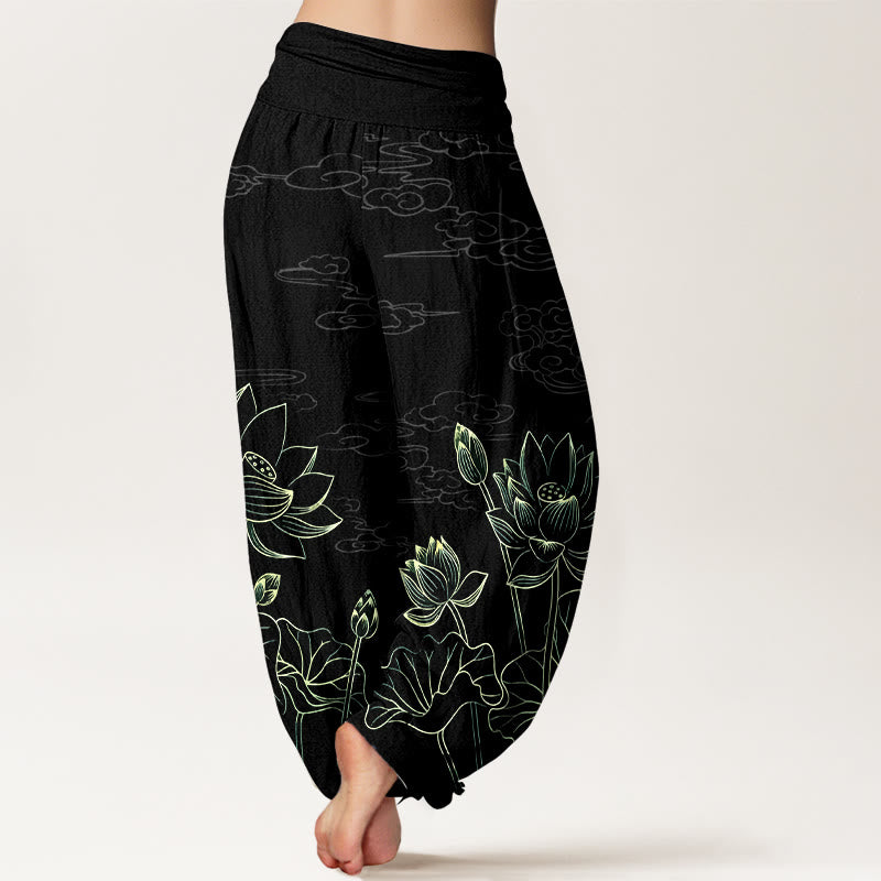 Pure Cotton Concise Lotus Flower Leaf Pod Bud Cloud Pattern Women's Elastic Waist Harem Pants