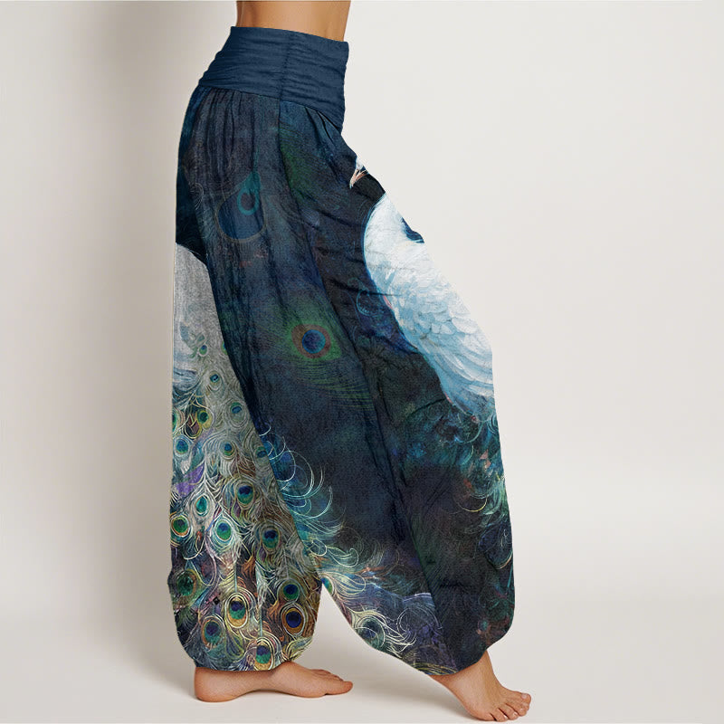 Pure Cotton Gorgeous Peacock Pattern Women's Elastic Waist Harem Pants
