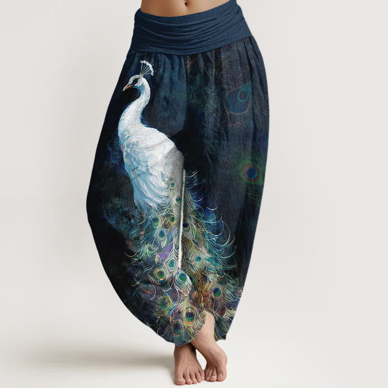 Pure Cotton Gorgeous Peacock Pattern Women's Elastic Waist Harem Pants