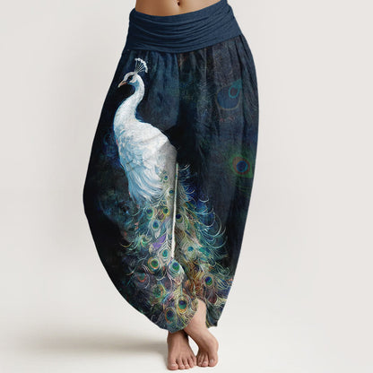 Pure Cotton Gorgeous Peacock Pattern Women's Elastic Waist Harem Pants