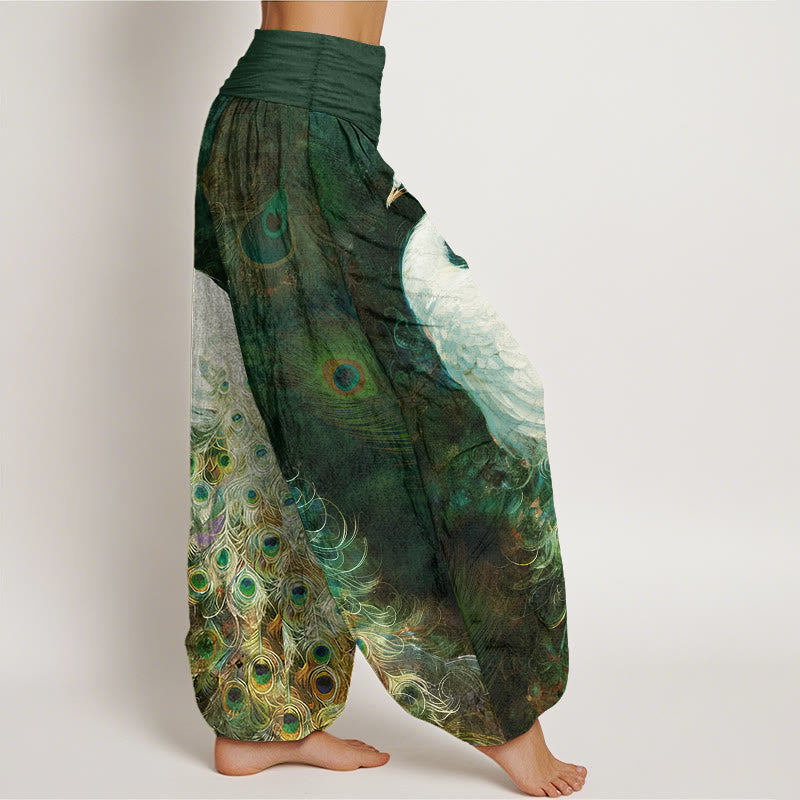 Pure Cotton Gorgeous Peacock Pattern Women's Elastic Waist Harem Pants
