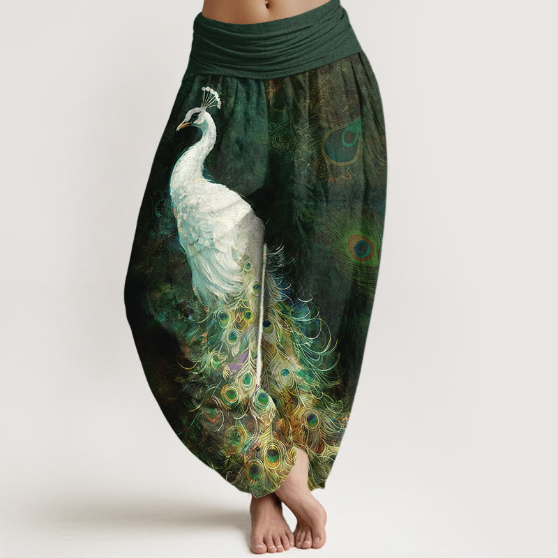 Pure Cotton Gorgeous Peacock Pattern Women's Elastic Waist Harem Pants