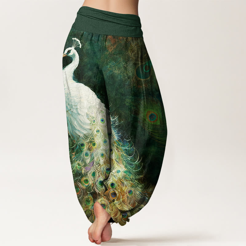 Pure Cotton Gorgeous Peacock Pattern Women's Elastic Waist Harem Pants