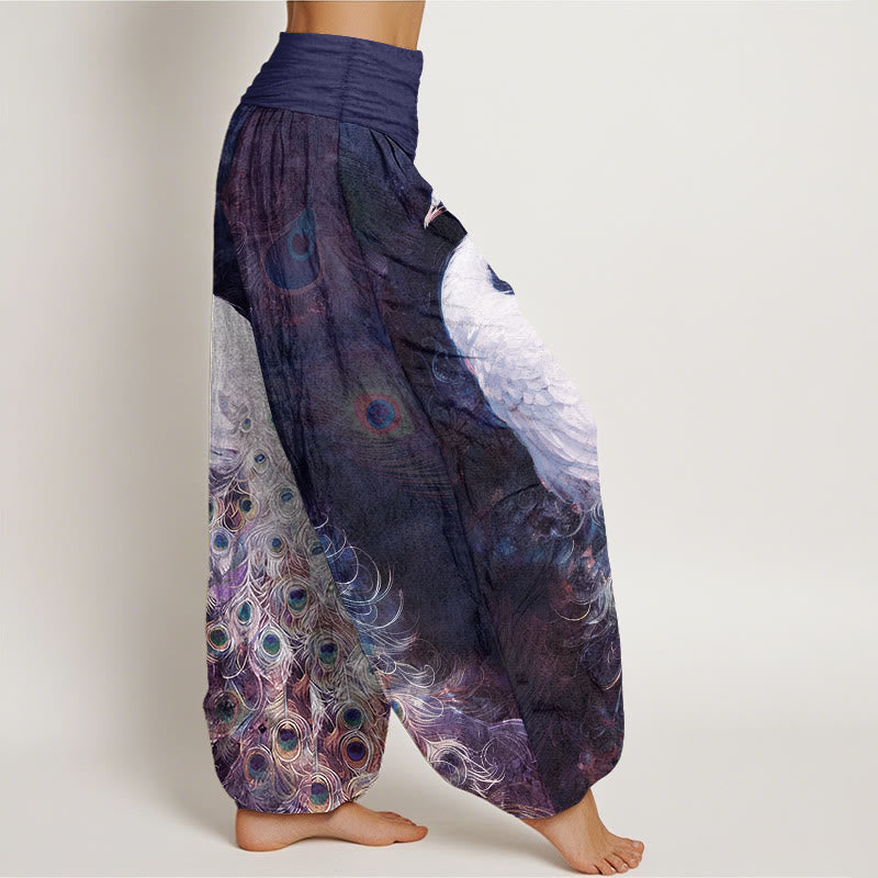 Pure Cotton Gorgeous Peacock Pattern Women's Elastic Waist Harem Pants