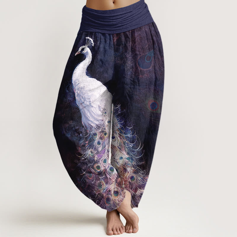 Pure Cotton Gorgeous Peacock Pattern Women's Elastic Waist Harem Pants