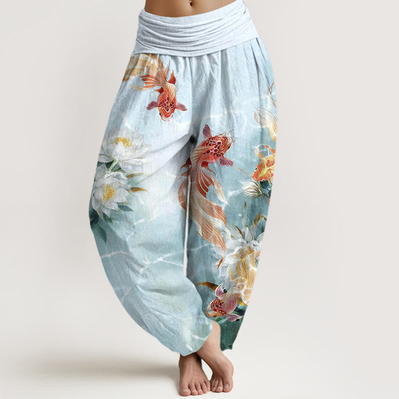 Pure Cotton Light-Colored Koi Fish Lotus Flower Pattern Women's Elastic Waist Harem Pants