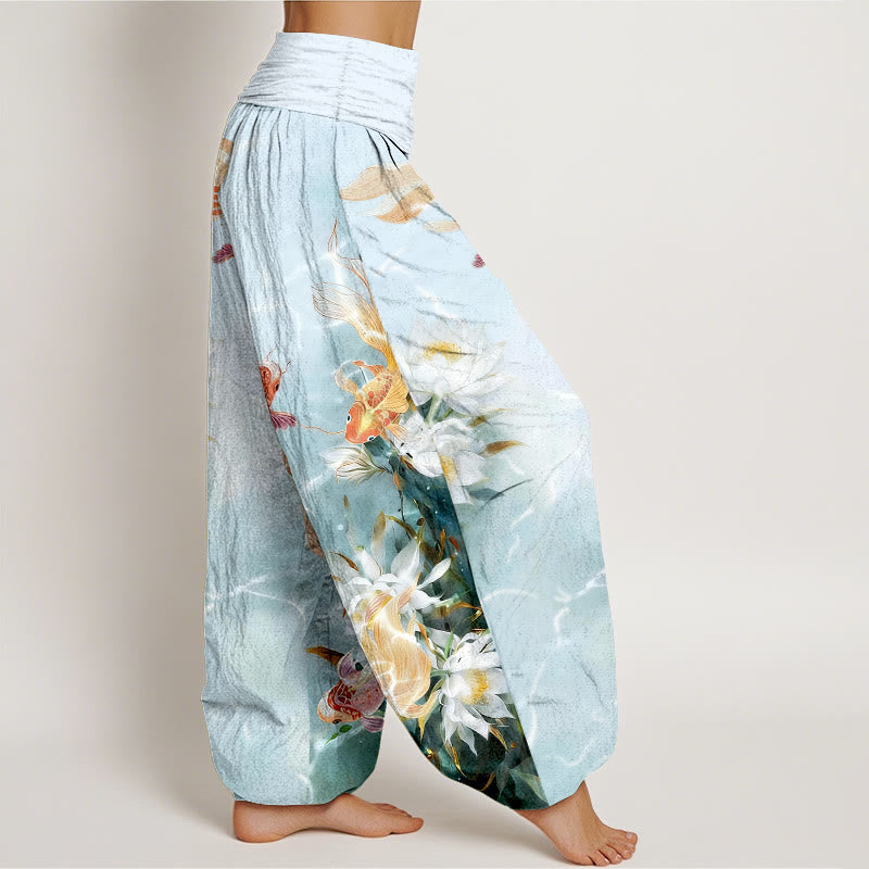 Pure Cotton Light-Colored Koi Fish Lotus Flower Pattern Women's Elastic Waist Harem Pants