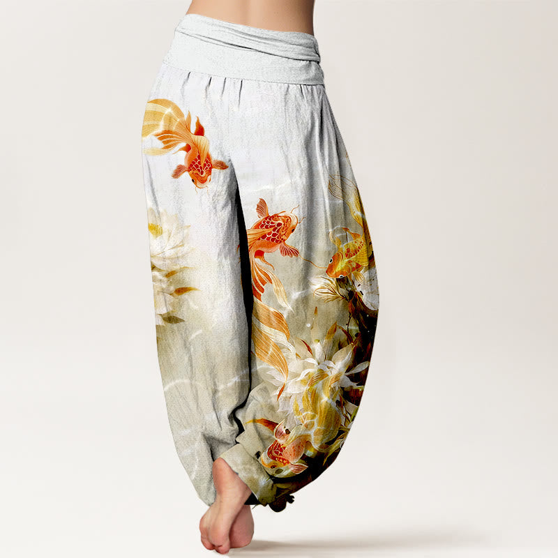 Pure Cotton Light-Colored Koi Fish Lotus Flower Pattern Women's Elastic Waist Harem Pants