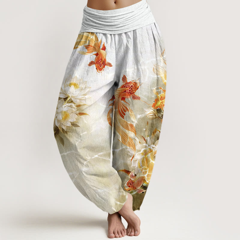 Pure Cotton Light-Colored Koi Fish Lotus Flower Pattern Women's Elastic Waist Harem Pants