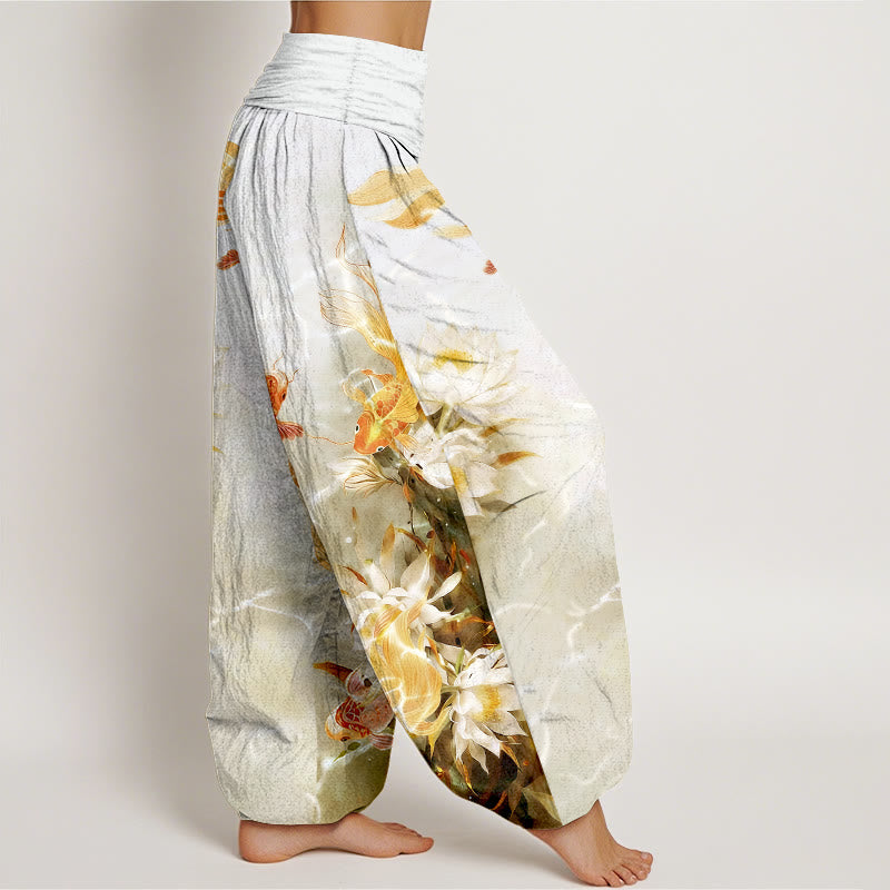 Pure Cotton Light-Colored Koi Fish Lotus Flower Pattern Women's Elastic Waist Harem Pants