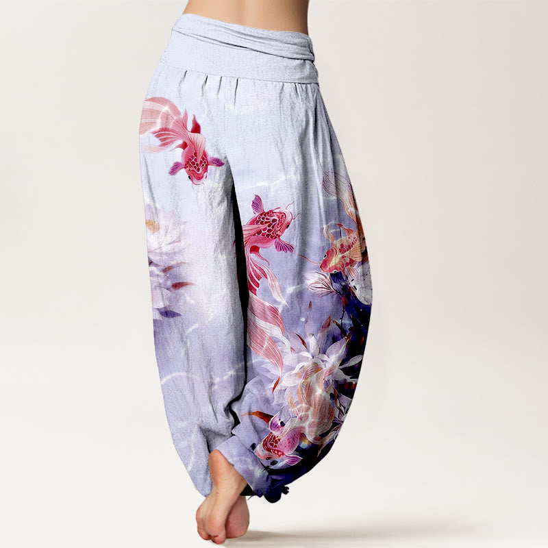 Pure Cotton Light-Colored Koi Fish Lotus Flower Pattern Women's Elastic Waist Harem Pants