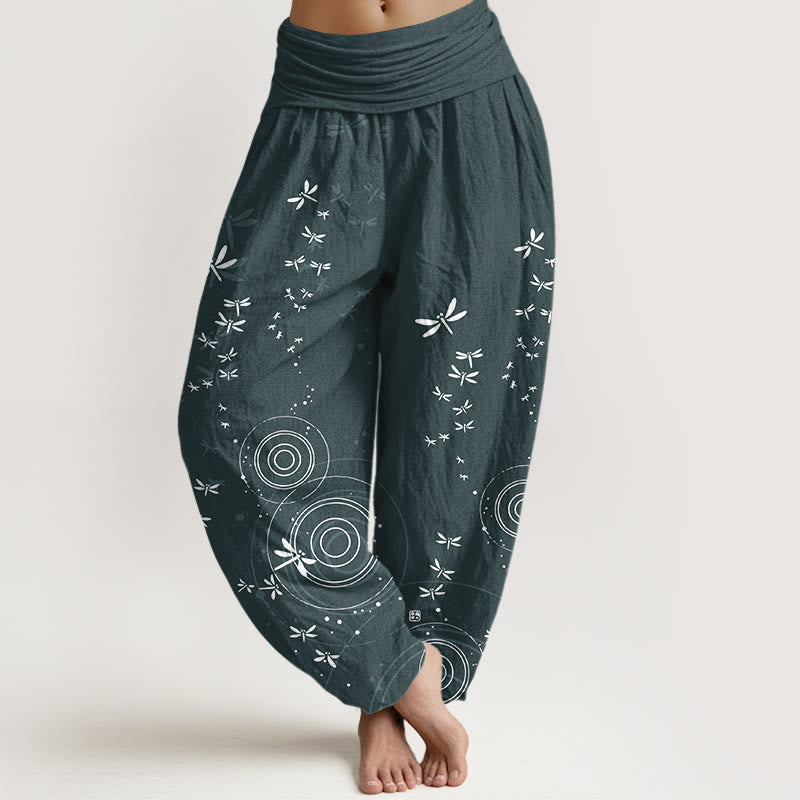 Pure Cotton Circular Lines Dragonfly Women's Elastic Waist Harem Pants