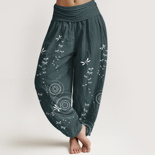 Pure Cotton Circular Lines Dragonfly Women's Elastic Waist Harem Pants