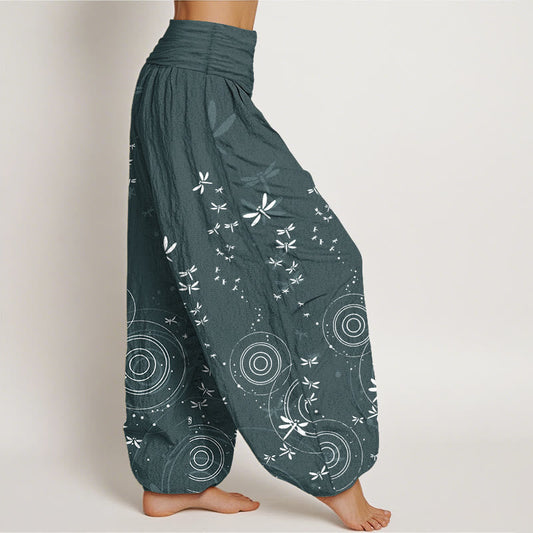 Pure Cotton Circular Lines Dragonfly Women's Elastic Waist Harem Pants