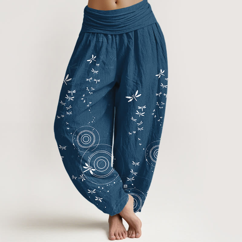 Pure Cotton Circular Lines Dragonfly Women's Elastic Waist Harem Pants