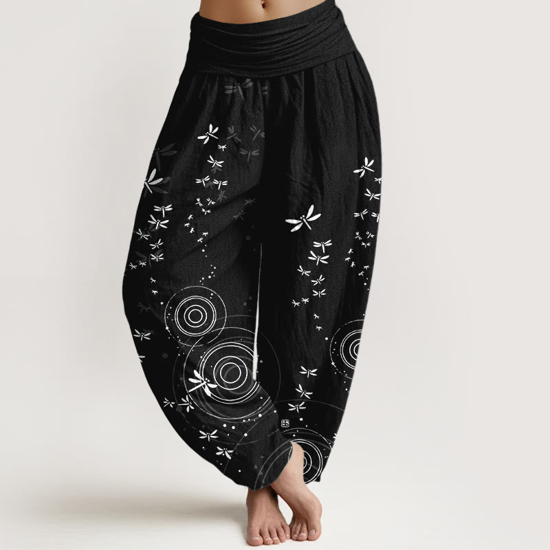 Pure Cotton Circular Lines Dragonfly Women's Elastic Waist Harem Pants