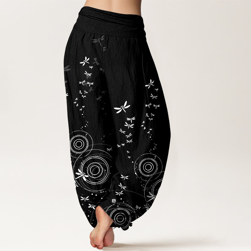 Pure Cotton Circular Lines Dragonfly Women's Elastic Waist Harem Pants