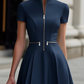 Zip-Front Short Sleeve Fit & Flare Midi Dress