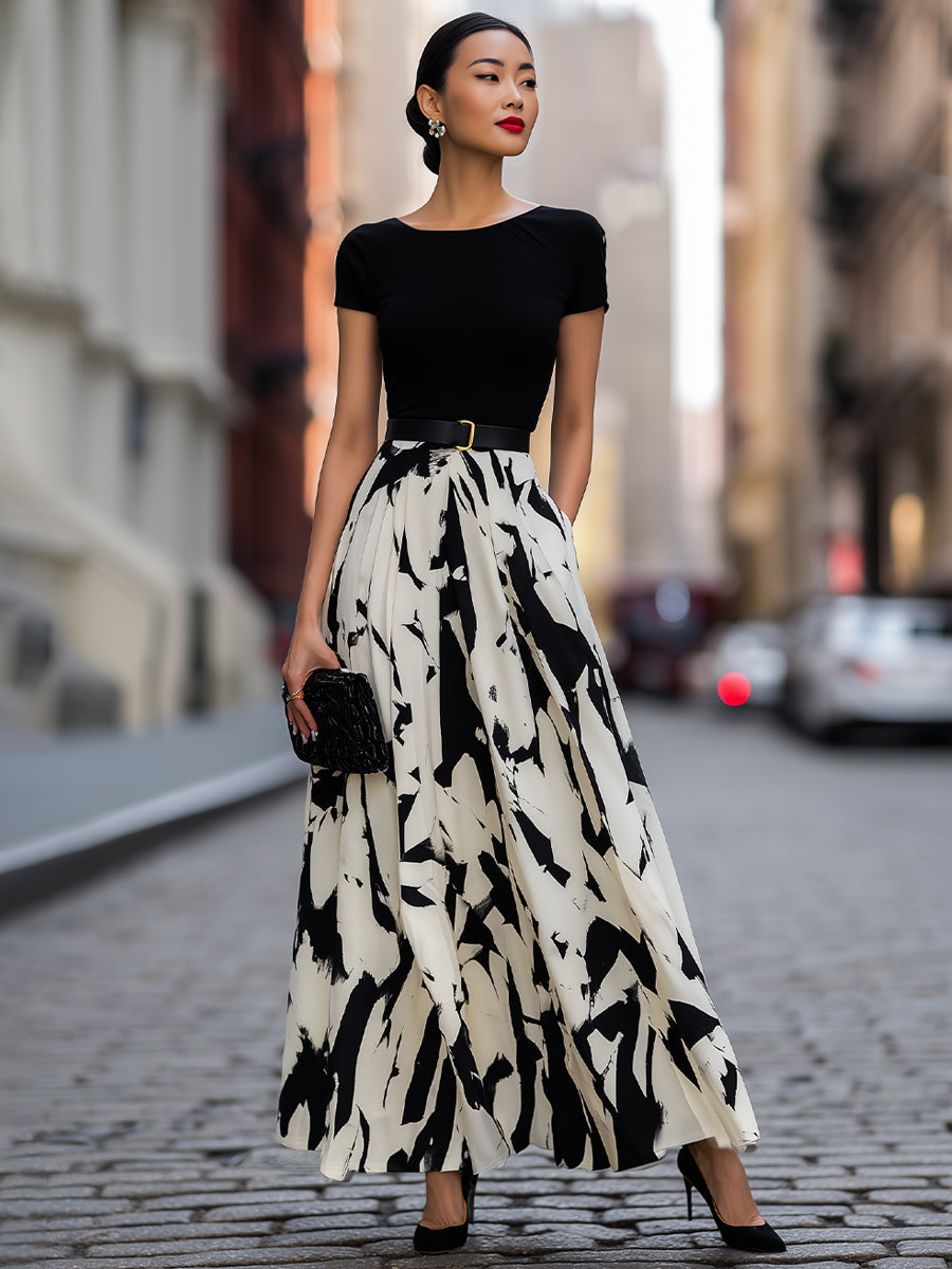 Abstract Print Pleated Maxi Dress