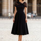Black Sheer Tulle Cap Sleeve Pleated Fit-and-Flare Midi Dress
