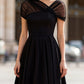 Black Sheer Tulle Cap Sleeve Pleated Fit-and-Flare Midi Dress
