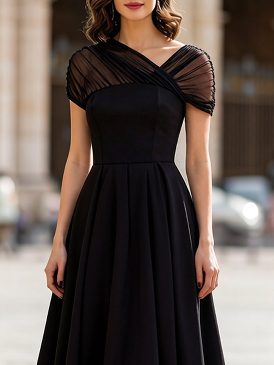Black Sheer Tulle Cap Sleeve Pleated Fit-and-Flare Midi Dress