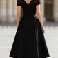 Black Sheer Tulle Cap Sleeve Pleated Fit-and-Flare Midi Dress
