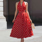 Halter V-Neck Polka Dot A-Line Midi Dress