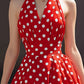 Halter V-Neck Polka Dot A-Line Midi Dress