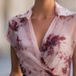 Floral Print Draped Wrap Collar Short Sleeve Blouse