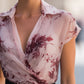 Floral Print Draped Wrap Collar Short Sleeve Blouse