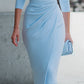 Light Blue Boat Neck 3/4 Sleeve Ruched Waist Wrap Bodycon Midi Dress