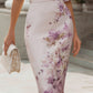 Floral Print Draped Neck Structured Pencil Midi Dress