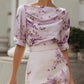 Floral Print Draped Neck Structured Pencil Midi Dress