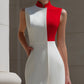 Red & White Color Block Mandarin Collar Bodycon Midi Dress With Front Slit