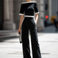 Off-Shoulder Contrast Trim Tailored Wide-Leg Jumpsuit