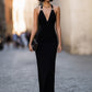 Halter Neck Ring-Detail V-Neck Column Maxi Dress