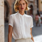 Structured Short Sleeve Stand Collar Blouse With Pleated Front Panel