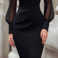 High-Neck Sheer Sleeve Draped Bodycon Dress