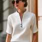 Contrast Trim Notch Collar Short Sleeve Blouse With Minimal Button Placket